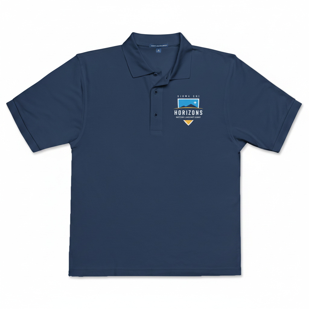 Navy blue polo shirt with a logo on the chest against a white background